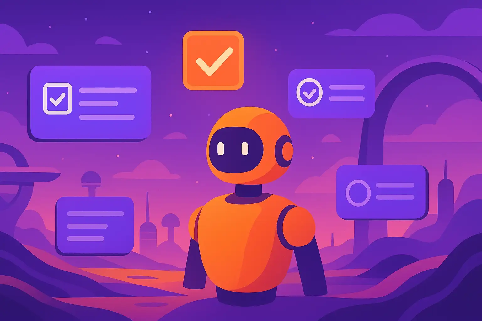 A futuristic landscape of glowing orange AI shapes and purple task blocks, suggesting task management and productivity