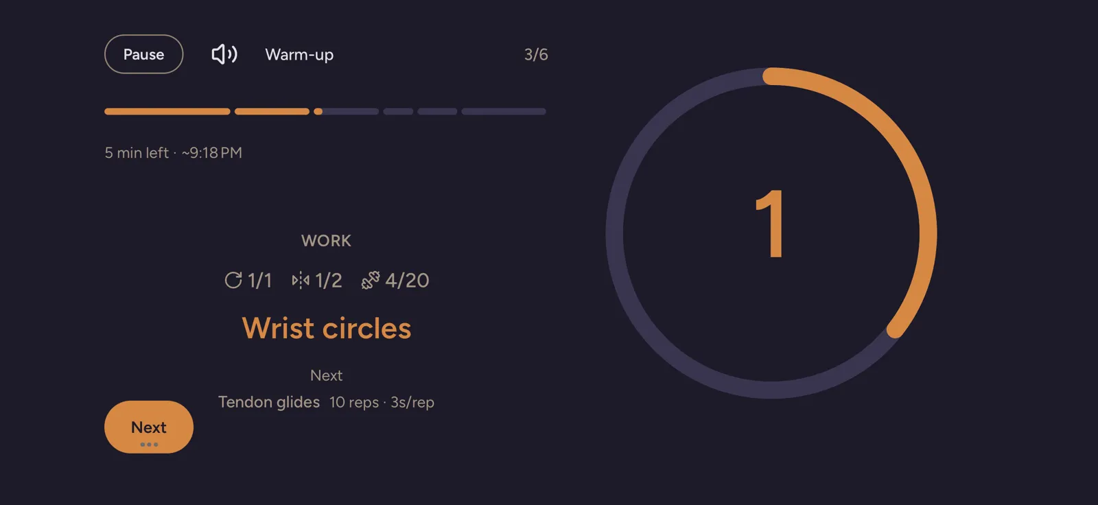 The Cadence run screen in landscape during Wrist circles, step 3 of 6 of a warm-up, showing side 1 of 2, rep 4 of 20, a one-second ring and Tendon glides next
