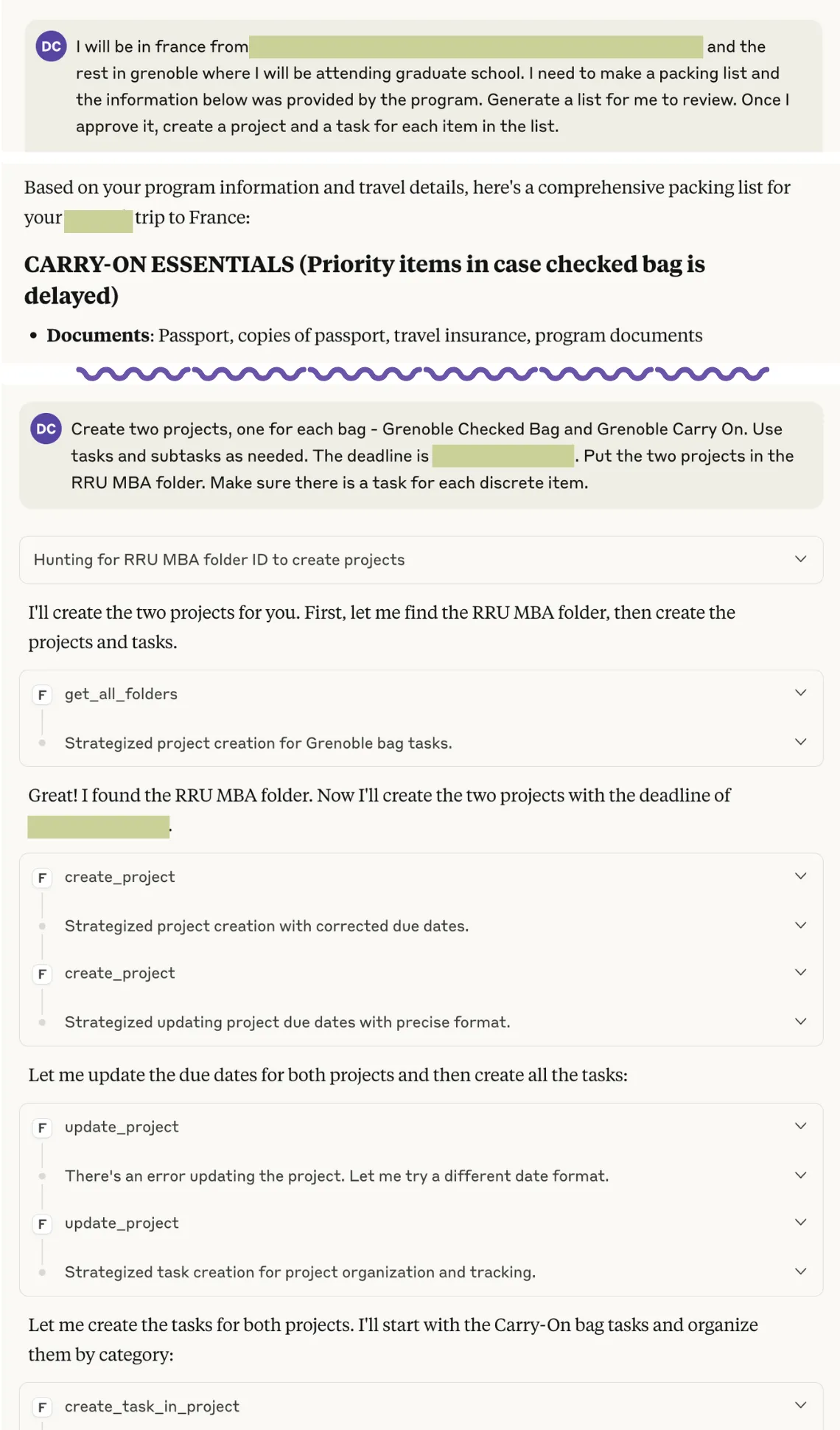 A Claude Desktop conversation creating a France packing list as projects and tasks in OmniFocus through the Focus Pocus tool
