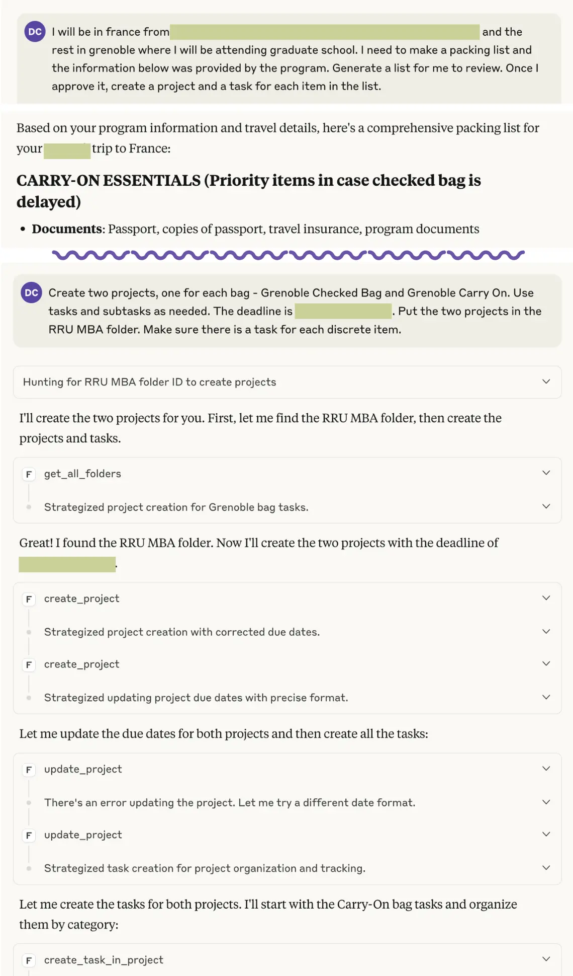 A Claude Desktop conversation creating a France packing list as projects and tasks in OmniFocus through the Focus Pocus tool