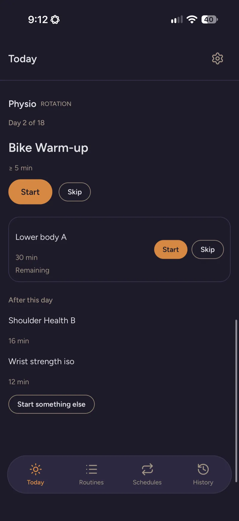 The Cadence Today screen showing the Physio rotation on day 2 of 18, with Bike Warm-up and Lower body A to start or skip and Shoulder Health B and Wrist strength iso after this day