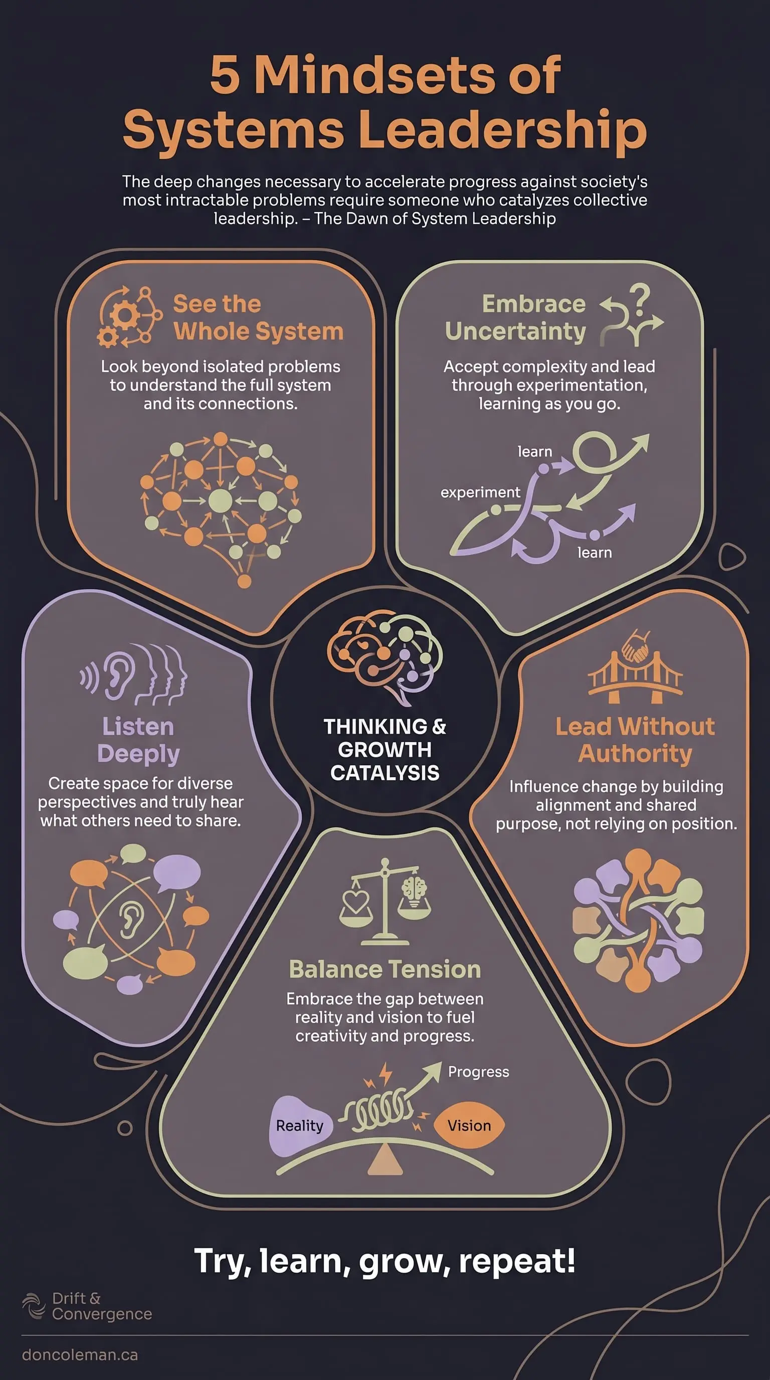 The Systems Leadership Wayfinder Mindsets sheet, a tall infographic laying out the five mindset shifts